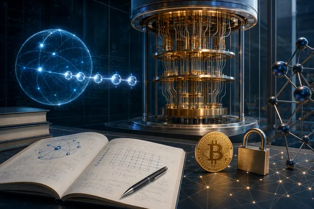 Editorial illustration of quantum computing and cryptographic keys, representing IonQ’s secp256k1 resource estimate