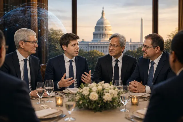 Editorial illustration of U.S.-China diplomacy and technology executives at a White House state dinner