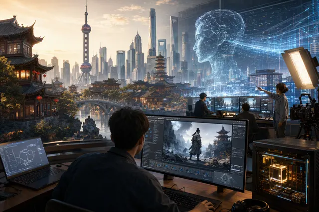 Conceptual illustration representing AI-generated filmmaking in China