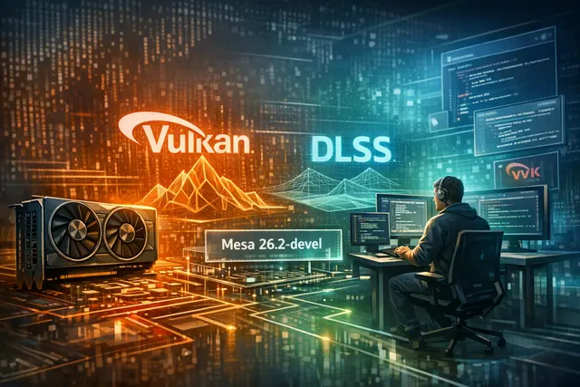 A close-up view of a modern PC gaming setup with a Linux desktop display showing a game and a Mesa/NVK graphics stack diagram, visualizing DLSS support in the open-source driver.
