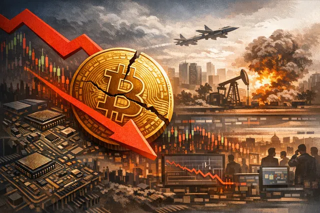 Illustration of Bitcoin falling below $64,000 with a downward trend arrow and symbols for semiconductor chip, oil barrel, and rate decision calendar in the background.
