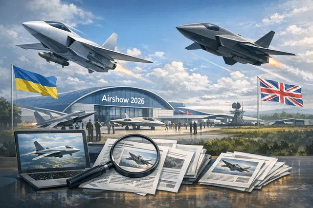 Farnborough International Airshow 2026 exhibition hall with displays of drones and defense technologies