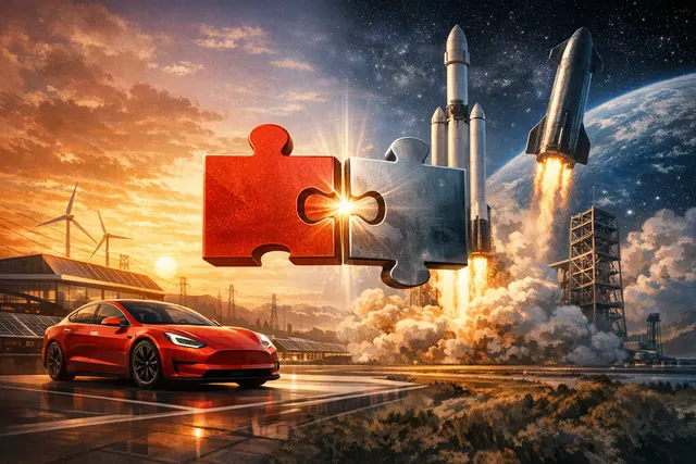 Illustration of a Tesla car and a SpaceX rocket facing each other on a dark futuristic background, symbolizing the potential merger debate