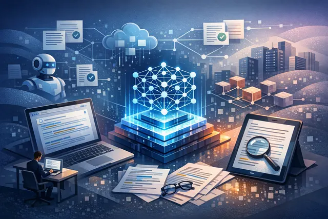 Abstract digital illustration representing an AI agent automating desktop tasks across documents, calendar, and messaging