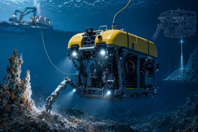 Illustration of a deep-sea work-class remotely operated vehicle operating underwater