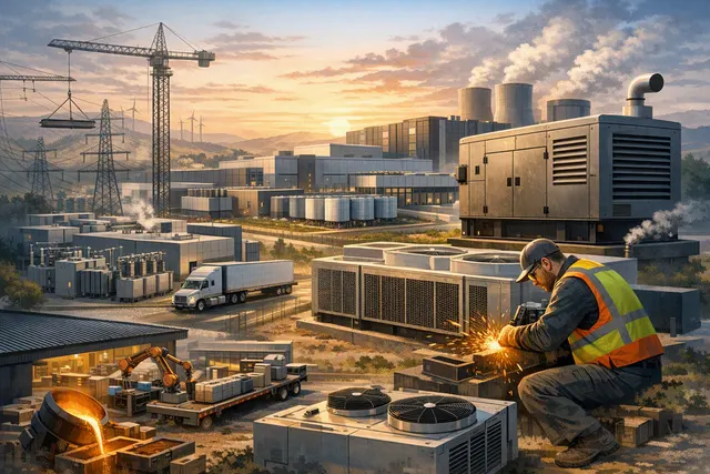 Editorial illustration of an AI data center connected to generators, electrical equipment and industrial manufacturing supply chains