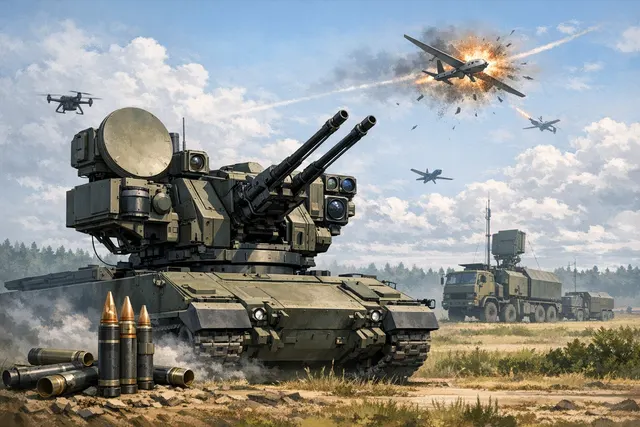 Conceptual rendering of Russia's ZAK-30 Citadel stationary anti-drone turret with a 30mm cannon, optical sensors, and radar, designed for fixed-site defense against unmanned aerial