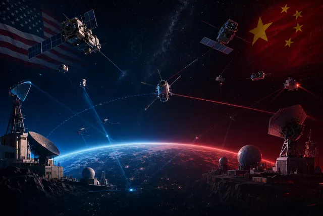 Illustration of military satellites maneuvering in orbit above Earth, representing U.S.-China competition in space