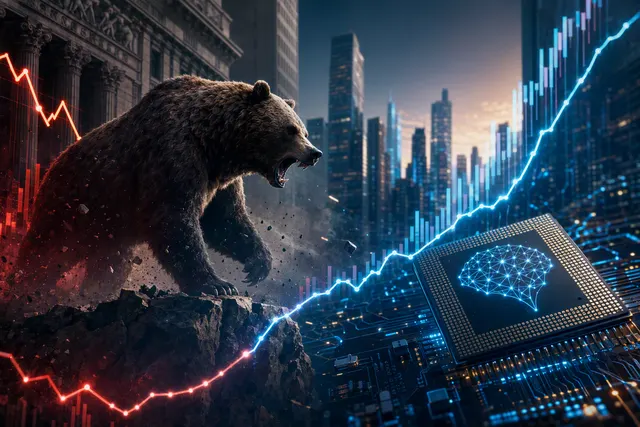 Editorial illustration of AI-driven semiconductor stock-market volatility and a falling market chart