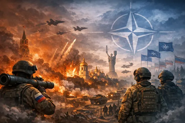 Military vehicles silhouetted at dusk overlooking a tension map of Europe, illustrating NATOâs converging threats from Russiaâs strikes on Kyiv, alliance cohesion fears, and th