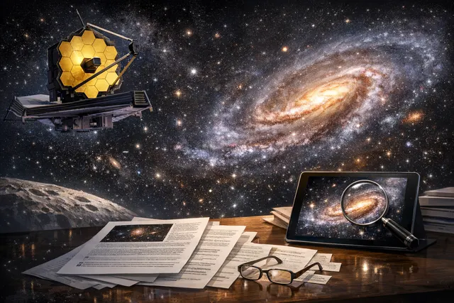 Artist's impression of a distant barred spiral galaxy as seen by the James Webb Space Telescope