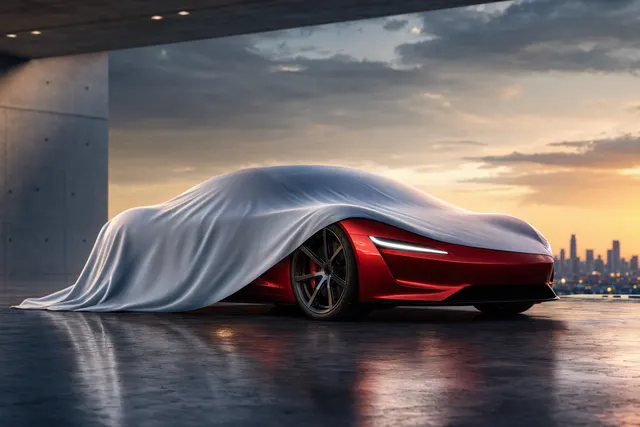 Editorial illustration of a Tesla Roadster-inspired electric sports car in launch-style lighting