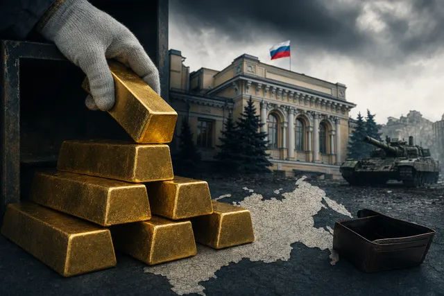 Illustration of gold bullion representing Russia’s reserve sales and Hong Kong trade route