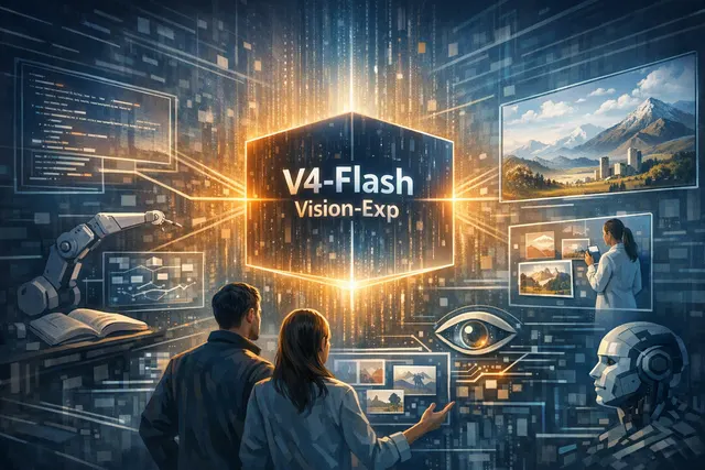 Abstract editorial illustration of DeepSeek V4-Flash-Vision-Exp combining text reasoning with image understanding