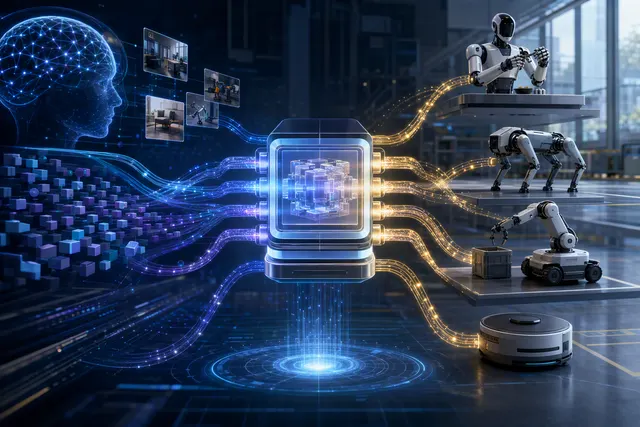 Editorial illustration accompanying an explanation of how Open-RAIL connects AI models with robot hardware
