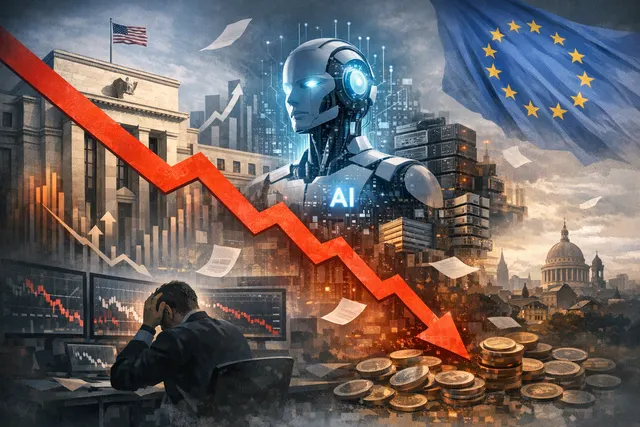 A dramatic wide-angle shot of a digital stock market ticker board displaying sharp red declines alongside a glowing chip circuit board and a dark oil barrel silhouette, symbolizing