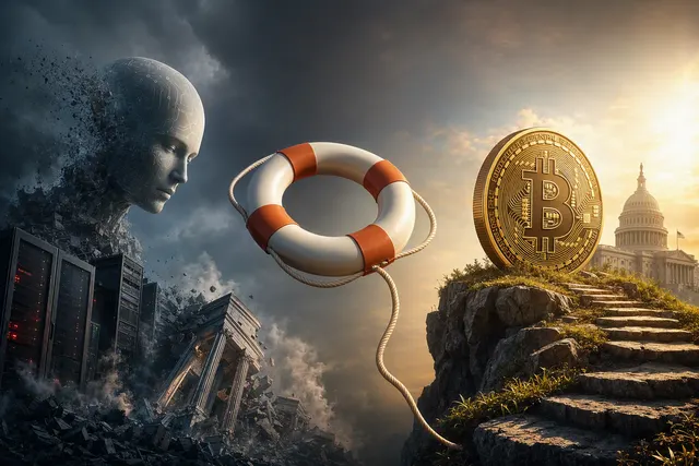 Editorial illustration of AI infrastructure, credit markets and Bitcoin