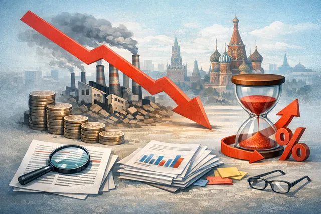 Abstract illustration of Russia's shrinking economy showing a downward-trending GDP chart combined with fuel pump icons and drone silhouettes against a dark red background
