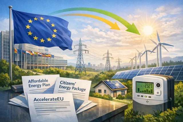 European Union energy policy illustration showing electricity cost reduction, smart meters, and clean energy transition themes