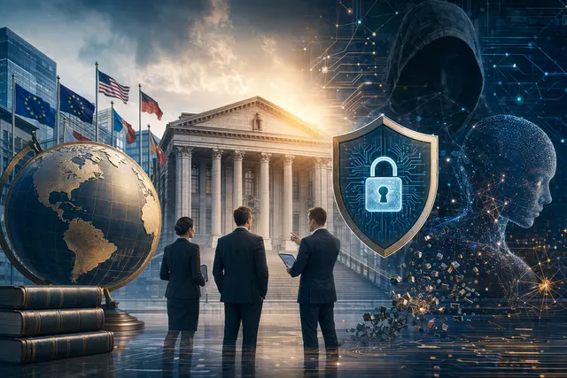Concept illustration of AI cybersecurity protecting financial systems and banks from digital attacks
