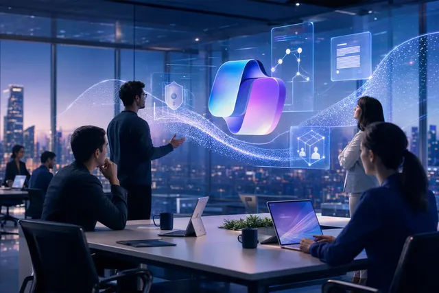 Editorial illustration representing Microsoft 365 Copilot, enterprise AI agents, and orchestration workflows