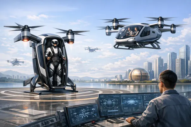 Illustration of a pilot standing on Kufei’s Urban single-person electric eVTOL, with enclosed propellers surrounding the platform