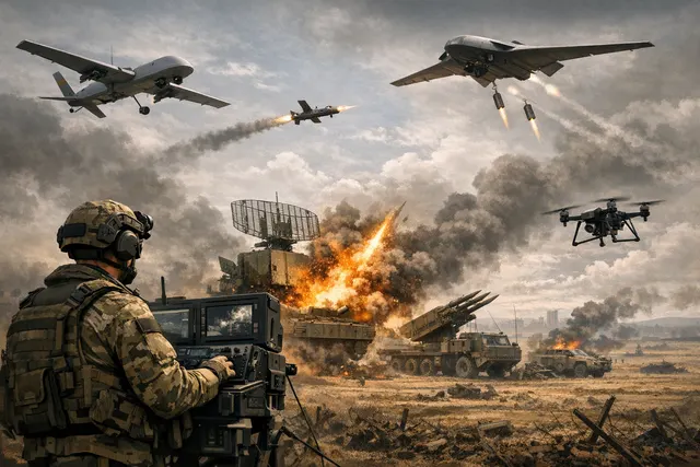 Ukrainian soldiers operate a mid-range strike drone in a field, launching it toward Russian logistics lines, symbolizing the shift to systematic deep-strike warfare.