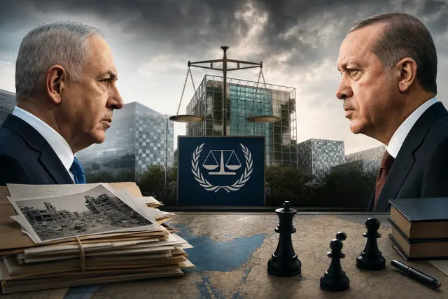 Illustration representing legal and diplomatic tensions between Israel and Turkey over a possible ICC dossier