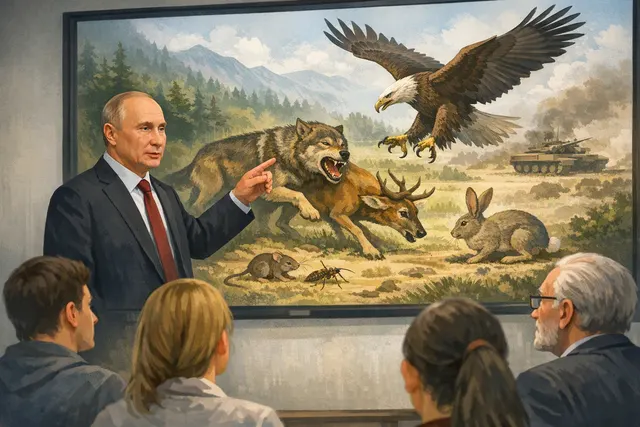 Editorial illustration of orcas attacking a polar bear, symbolizing Vladimir Putin’s food-chain metaphor for Russia’s war against Ukraine