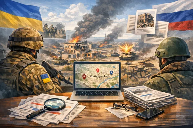 Editorial illustration representing the battle for Kostiantynivka and the Donetsk fortress belt in Ukraine