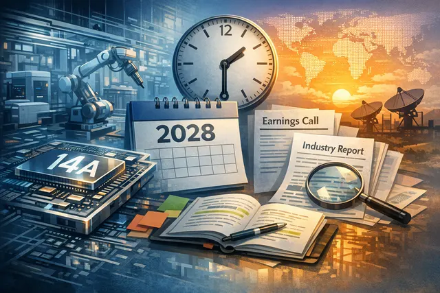 Intel 14A production timeline visualization showing 2027 risk production and 2028 high-volume manufacturing milestones