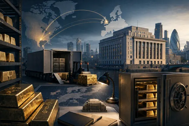 Editorial illustration of Dutch gold reserves being reallocated from North America to London