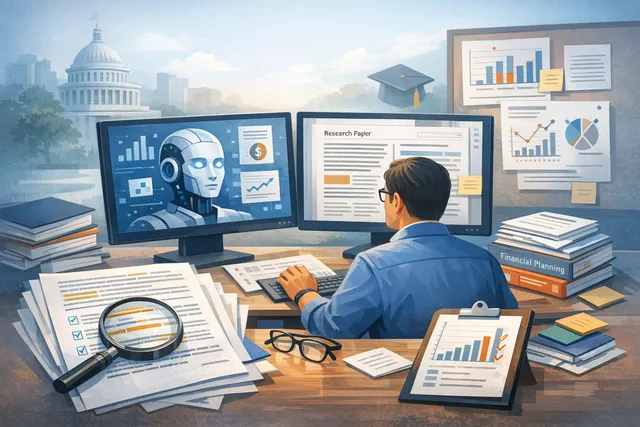 Abstract illustration of an AI chatbot interface displaying financial advice alongside warning icons, representing the risks of biased and inconsistent AI-generated financial recom