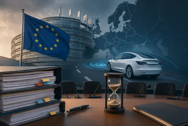 Editorial illustration representing Tesla’s supervised driving system and the EU approval process