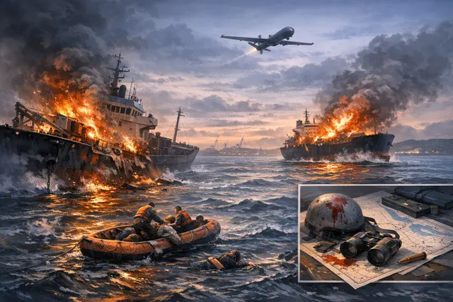 An AI-generated editorial image of a cargo ship under attack by a drone near a port in Ukraine's Odesa region, symbolizing the June 18 Russian drone strike on civilian merchant ves