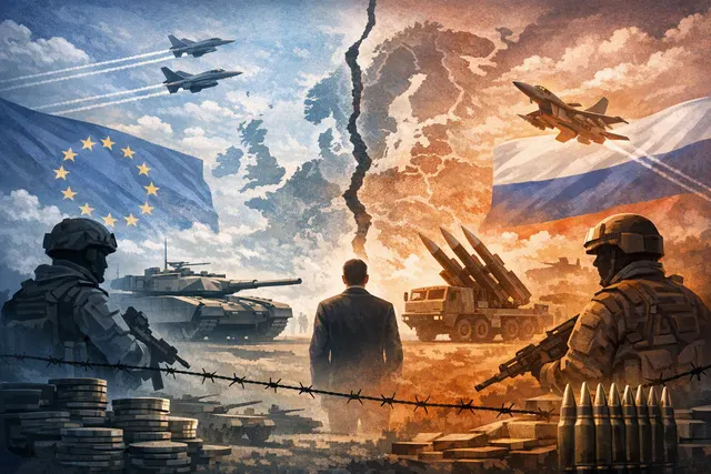 Editorial illustration of a European defence factory, armoured vehicles and geopolitical tension