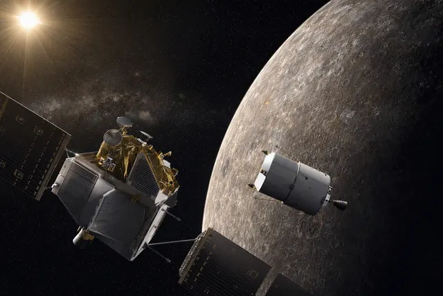 Editorial illustration of the BepiColombo spacecraft approaching Mercury