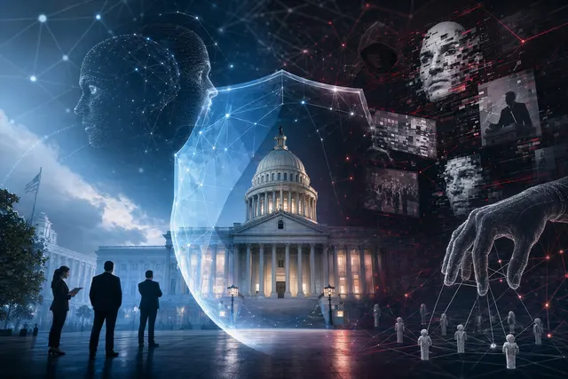 Concept illustration of government cybersecurity teams defending against deepfakes and digital disinformation