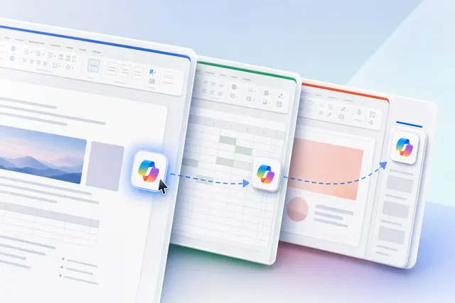 Illustration of Microsoft Office apps with a floating Copilot button being moved back to the ribbon interface