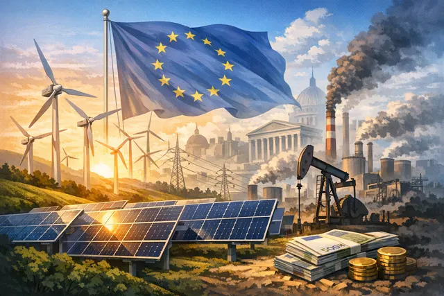 EU energy policy measures including electricity tax cuts, renewable investments, and smart meter targets against a backdrop of clean energy infrastructure.