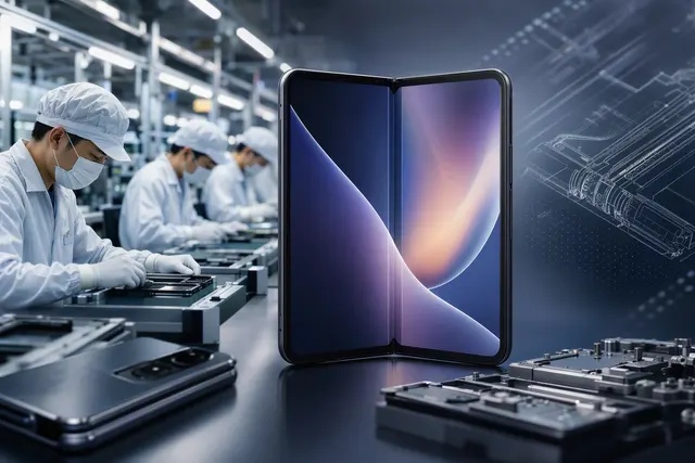 AI-generated illustration of a foldable smartphone on an electronics assembly line