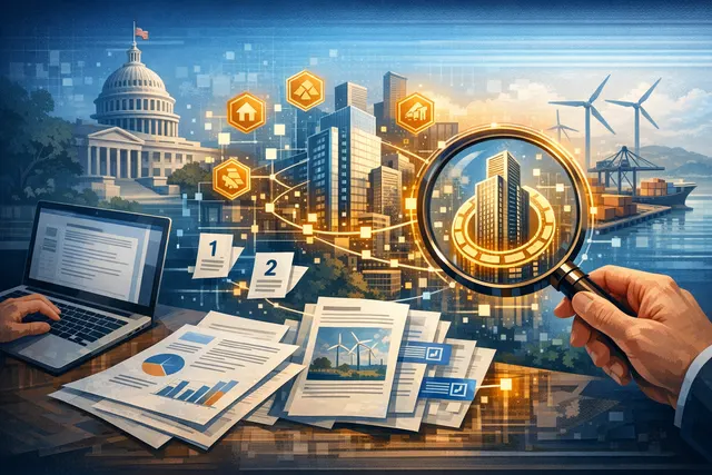 Abstract digital visualization of tokenized real-world assets connected to a financial data chart and blockchain network nodes.