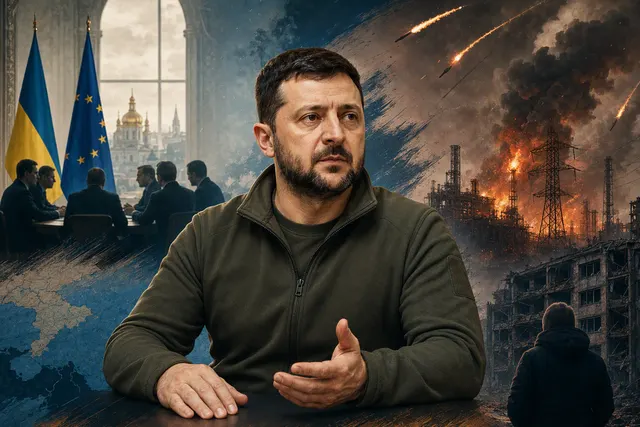 Editorial illustration of Volodymyr Zelenskyy and Ukraine’s winter energy-security diplomacy