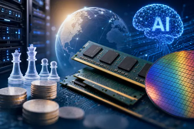 Editorial illustration representing AI-driven DRAM demand and semiconductor fabrication expansion