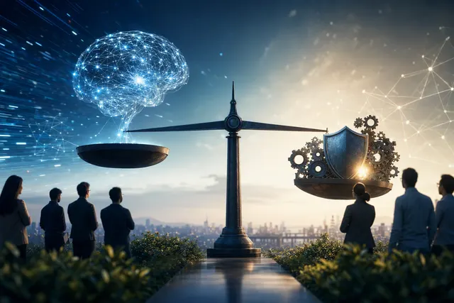 Editorial illustration representing artificial intelligence progress and safety controls