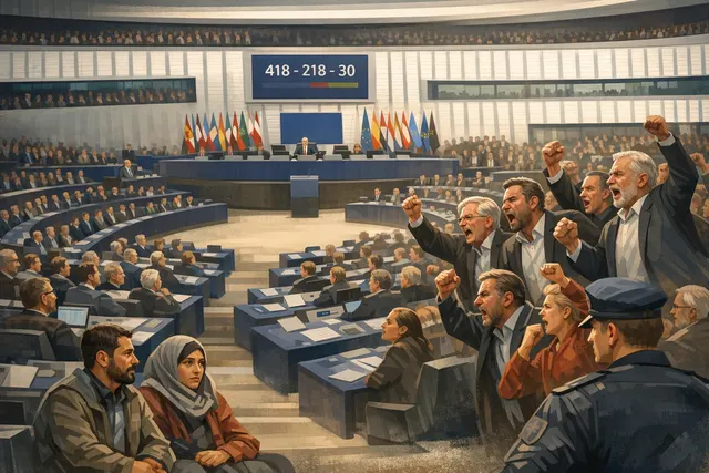 AI-generated editorial illustration of the European Parliament chamber in Strasbourg with MEPs chanting and raising fists during the Return Regulation vote.