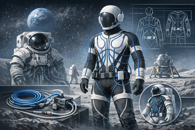 Artistic visualization of the Artemis IV Liquid Cooling and Ventilation Garment showing internal tube routing against a lunar surface background