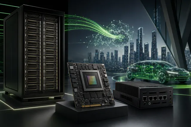 Concept illustration of NVIDIA AI technologies including edge robotics, rack-scale AI supercomputers, and autonomous vehicles