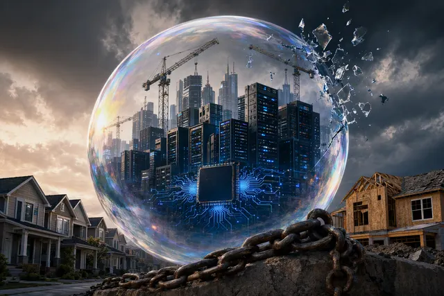 Editorial illustration representing the financial risks and market uncertainty surrounding AI investment