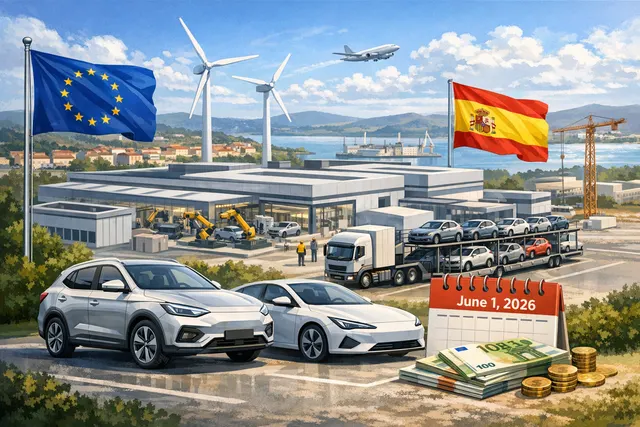 Conceptual representation of a modern electric vehicle manufacturing plant in a port city, featuring solar panels and logistics infrastructure.